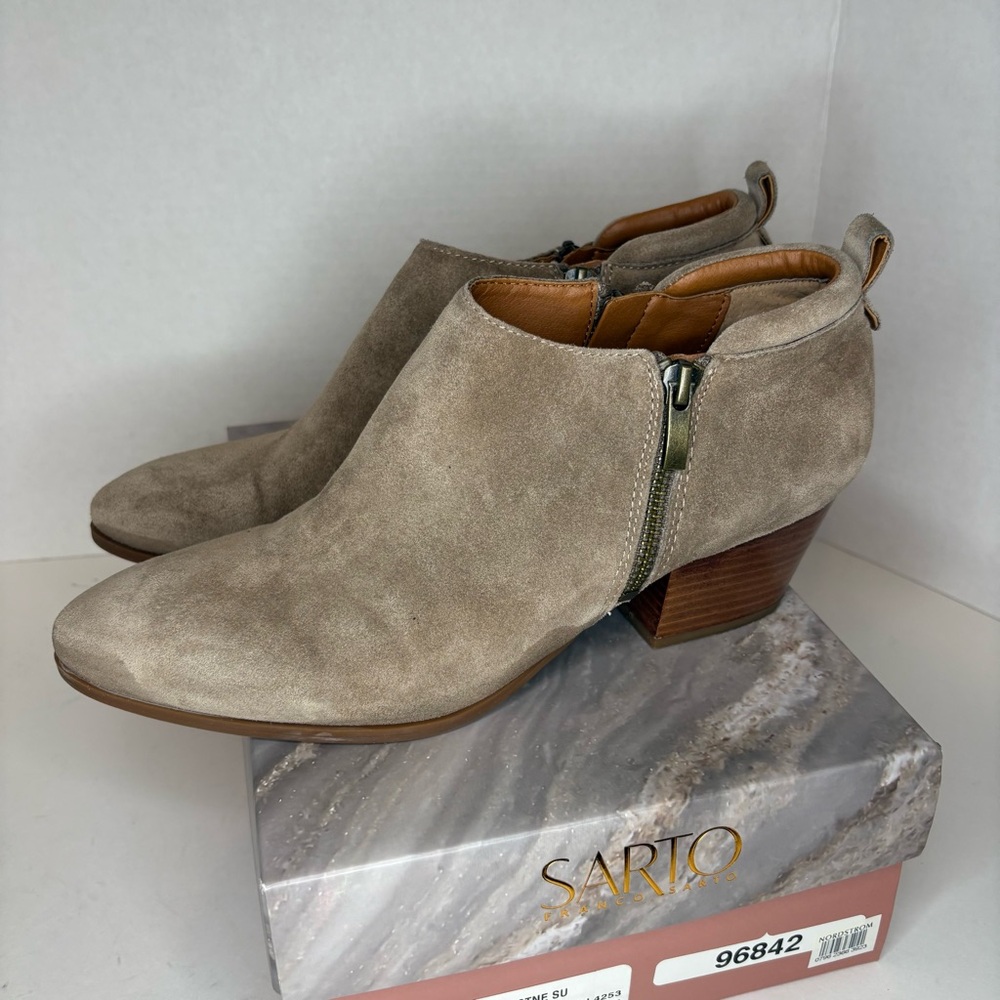 SARTO Taupe Suede Ankle Booties with Side Zip - Picture 2 of 6